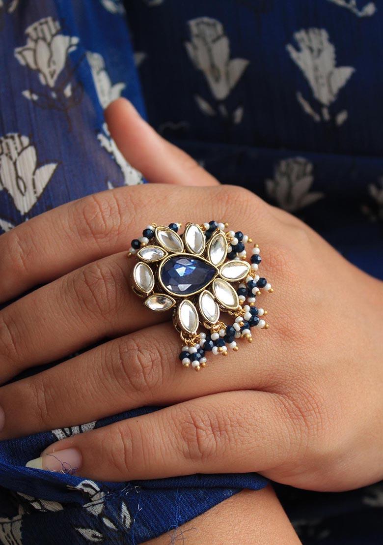 Blue Kundan Adorned Ring