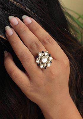 White Kundan Blossom Ring