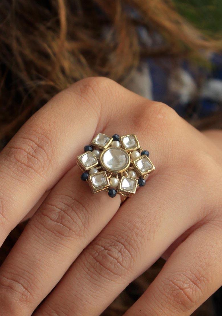 White Kundan Blossom Ring