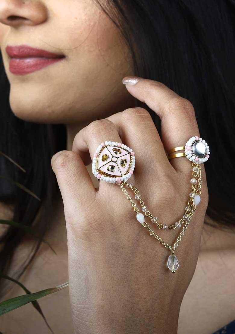 Pink Enamelled Beauty Two Finger Ring