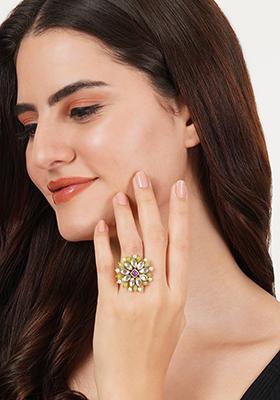 Multi Pearl Twirl Green Ring