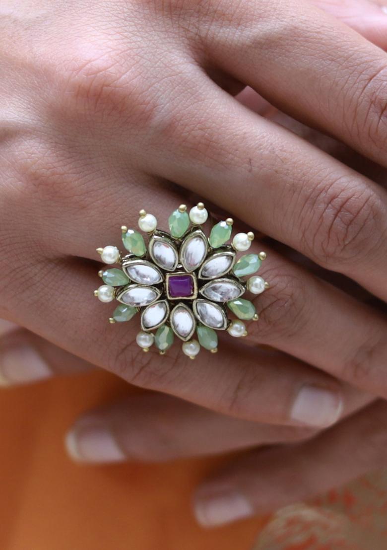 Multi Pearl Twirl Green Ring
