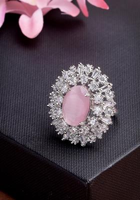 Silver Pink & Cz Studded Handcrafted Adjustable Finger Ring