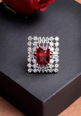 Silver Red & Cz Studded Square Shaped Adjustable Finger Ring