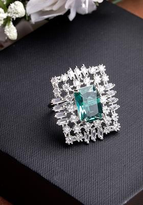 Silver Green & Cz Studded Square Shaped Adjustable Finger Ring