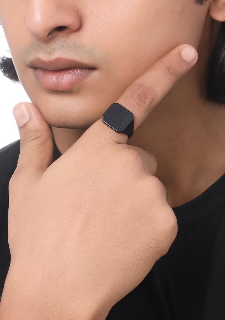 Black Set Of 2 Rhodium Plated Finger Ring For Men