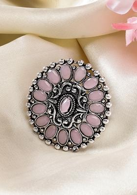Pink Silver Plated Circular Shape Adjustable Finger Ring