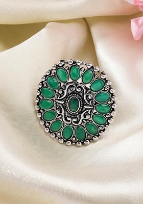 Green Silver Plated Circular Shape Adjustable Finger Ring