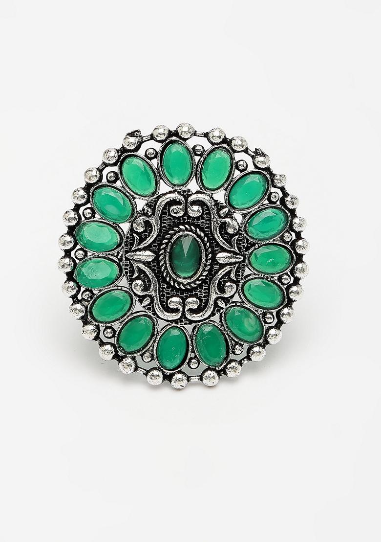 Green Silver Plated Circular Shape Adjustable Finger Ring