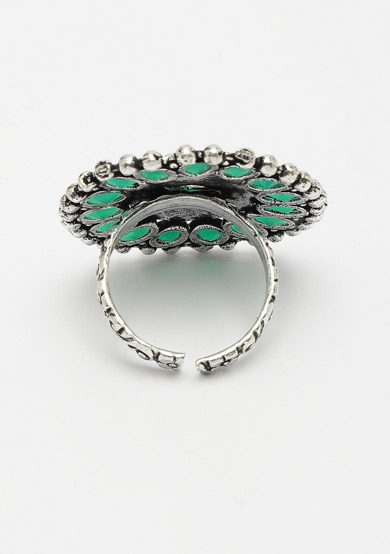 Green Silver Plated Circular Shape Adjustable Finger Ring