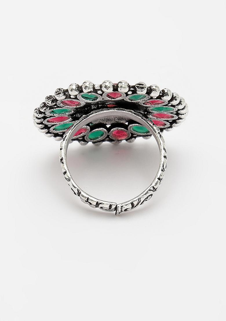 Multi color Silver Plated Circular Shape Adjustable Finger Ring