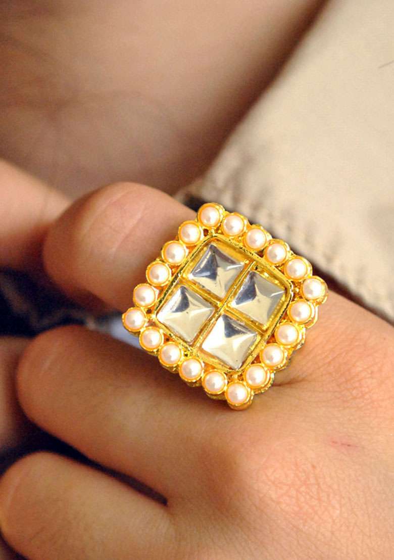 Gold Kundan Mixed Alloy Ring - Indya