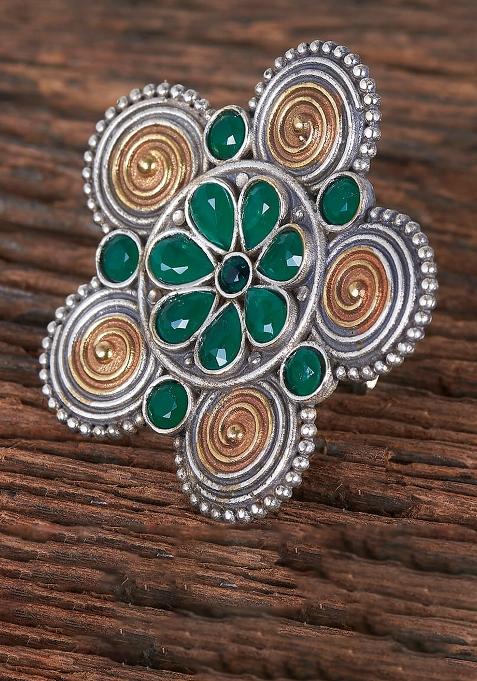 Golden White Green Kundan Finger Ring