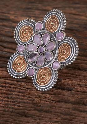 Golden White Pink Kundan Finger Ring