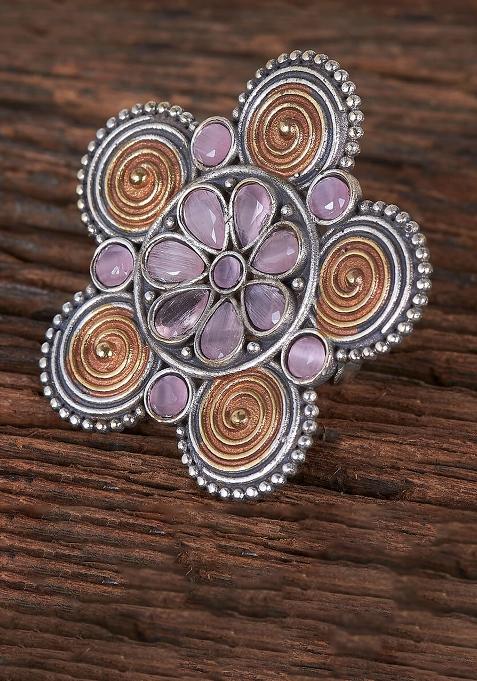 Golden White Pink Kundan Finger Ring