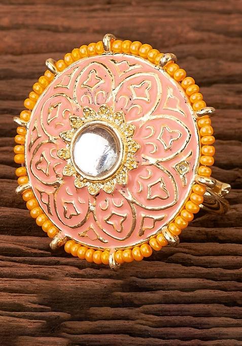 Golden White Peach Kundan Finger Ring