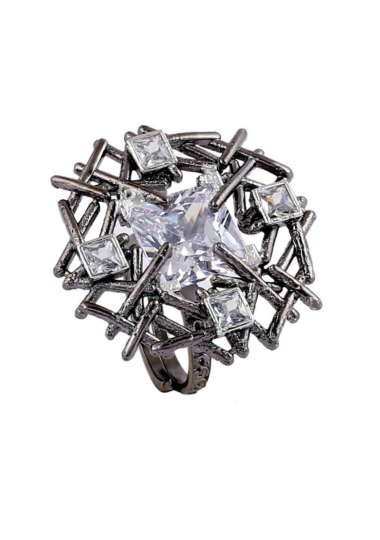 Black White Kundan Finger Ring - Indya