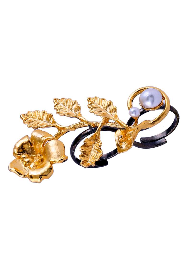 Golden White Black Kundan Finger Ring - Indya