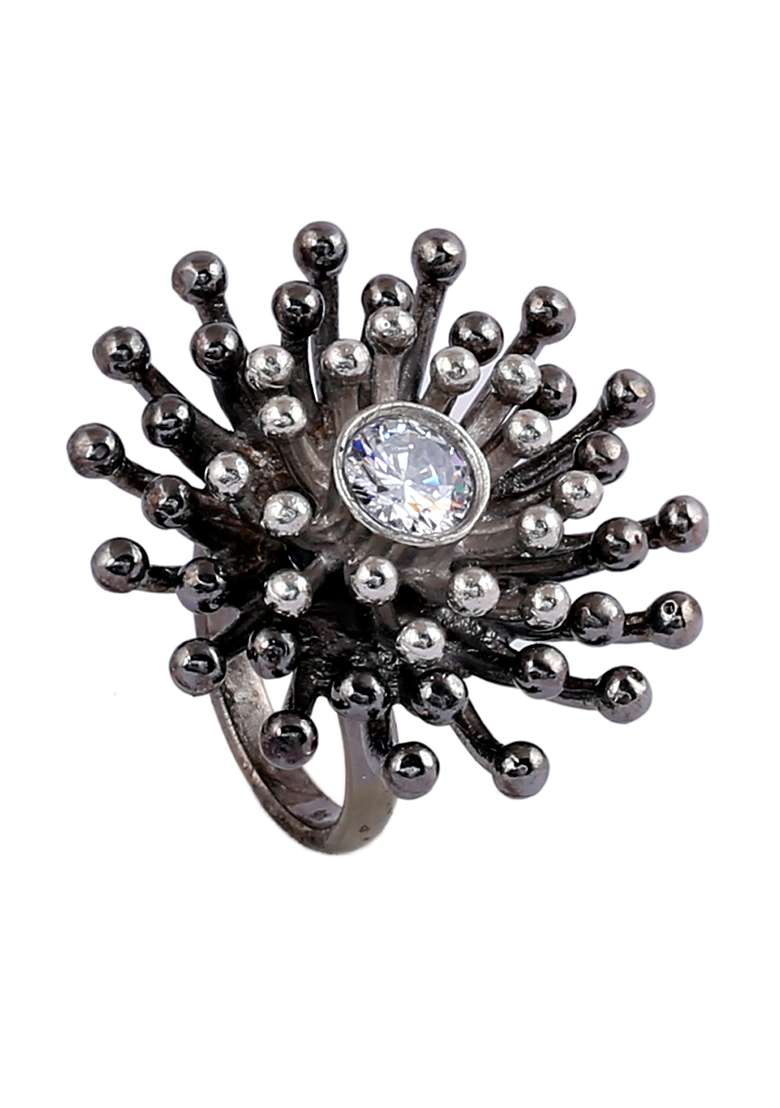 Black White Kundan Finger Ring - Indya