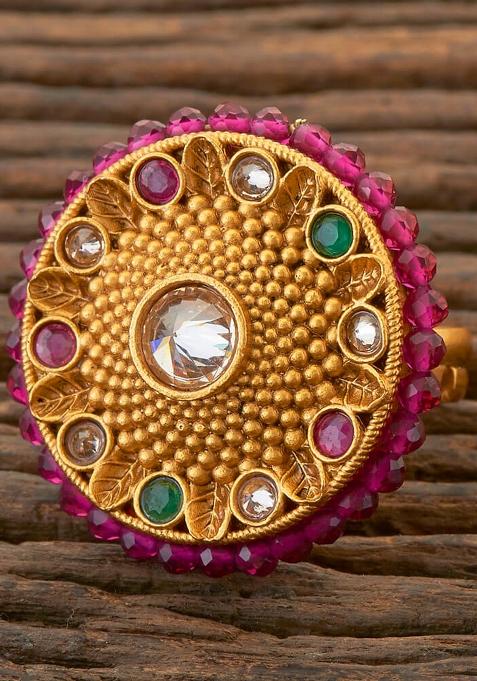 Golden White Ruby Green Kundan Finger Ring
