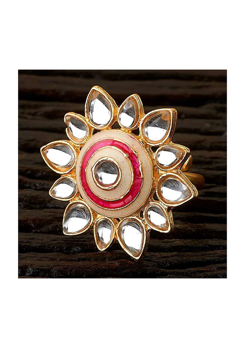 Golden White Kundan Finger Ring - Indya