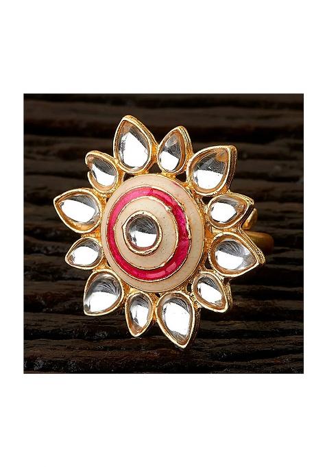 Golden White Kundan Finger Ring