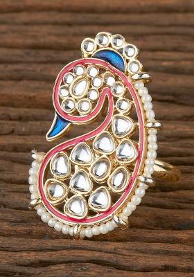 Golden White Pink Kundan Finger Ring