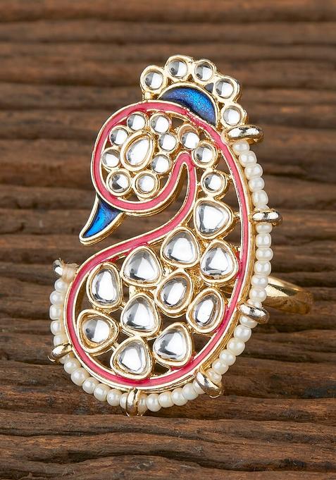 Golden White Pink Kundan Finger Ring