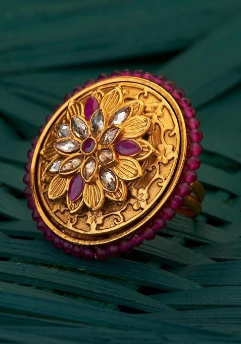 Golden White Ruby Kundan Finger Ring