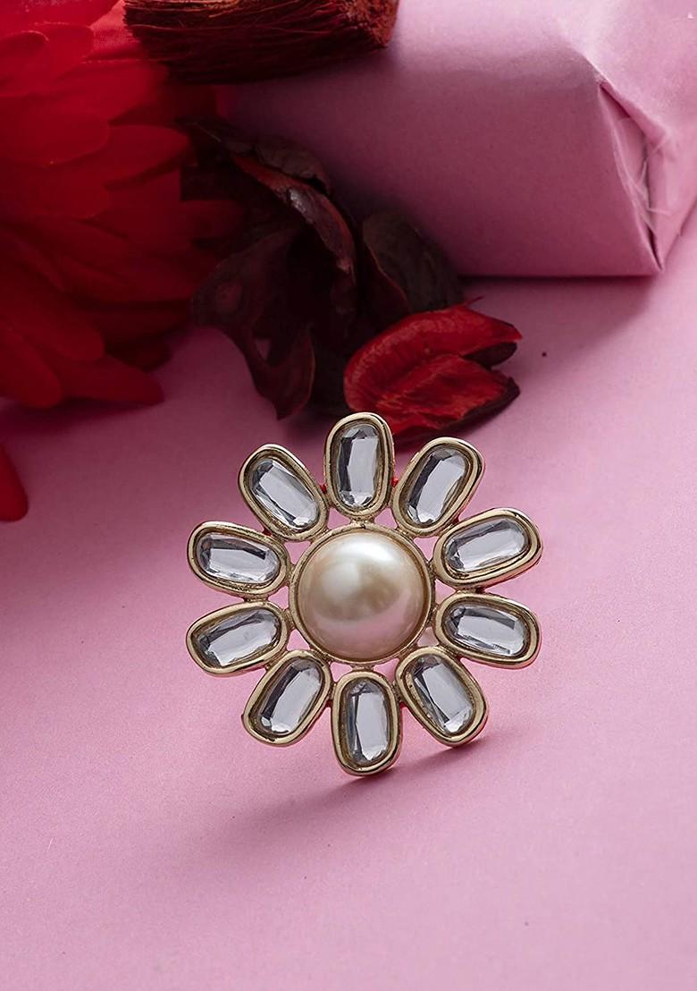 Cream Studded Gold Plated Ring