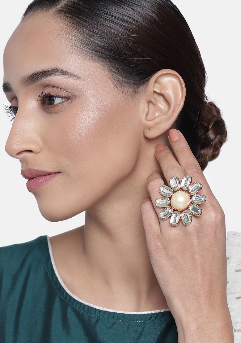 Cream Studded Gold Plated Ring