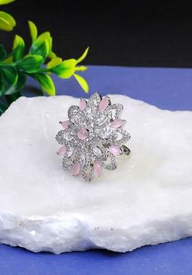 Silver Stone Studded And Beaded Rhodium Plated Ring