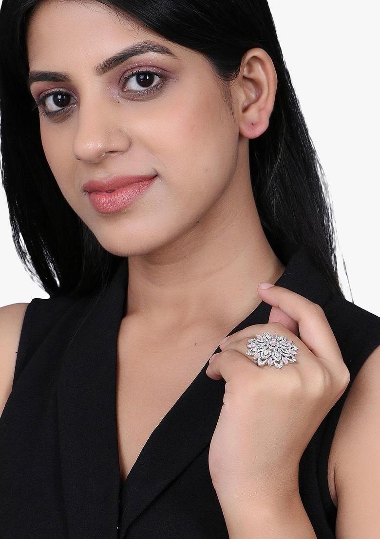 Silver Stone Studded And Beaded Rhodium Plated Ring