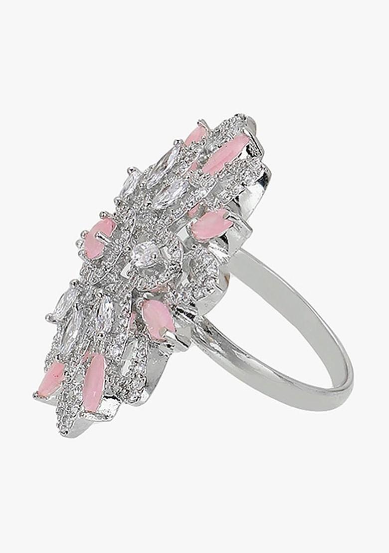 Silver Stone Studded And Beaded Rhodium Plated Ring