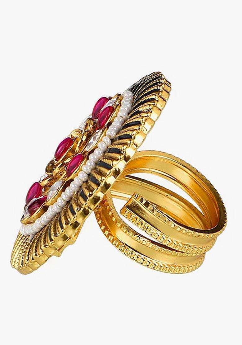 Gold Stone Studded And Beaded Gold Plated Ring