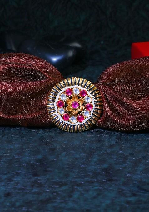 Gold Stone Studded And Beaded Gold Plated Ring