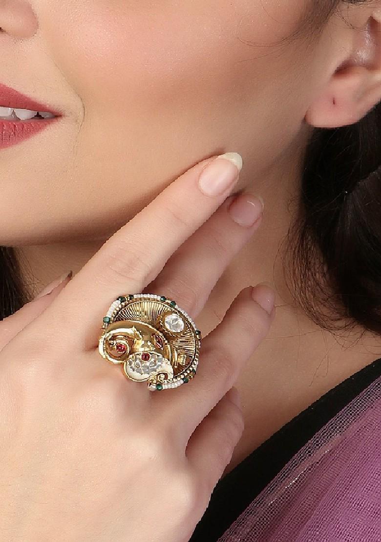 Gold Stone Studded And Beaded Gold Plated Ring