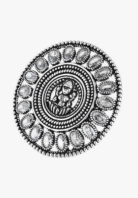 Silver Stone Studded And Beaded Silver Plated  Ring