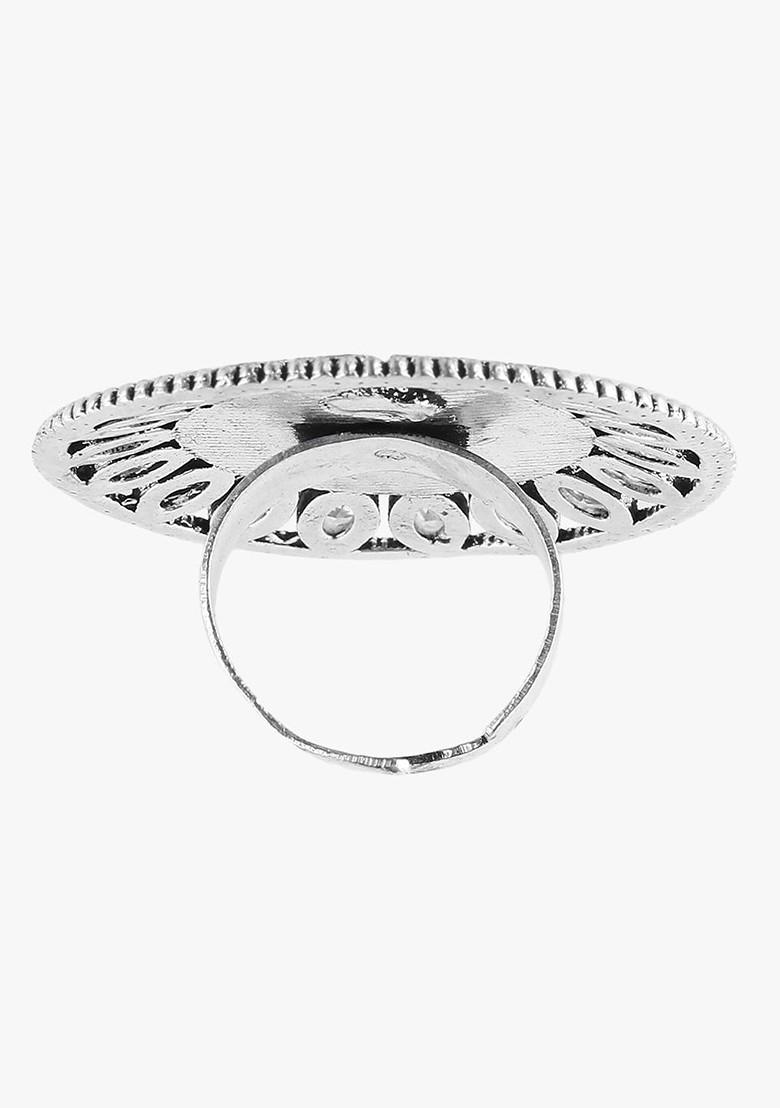 Silver Stone Studded And Beaded Silver Plated  Ring