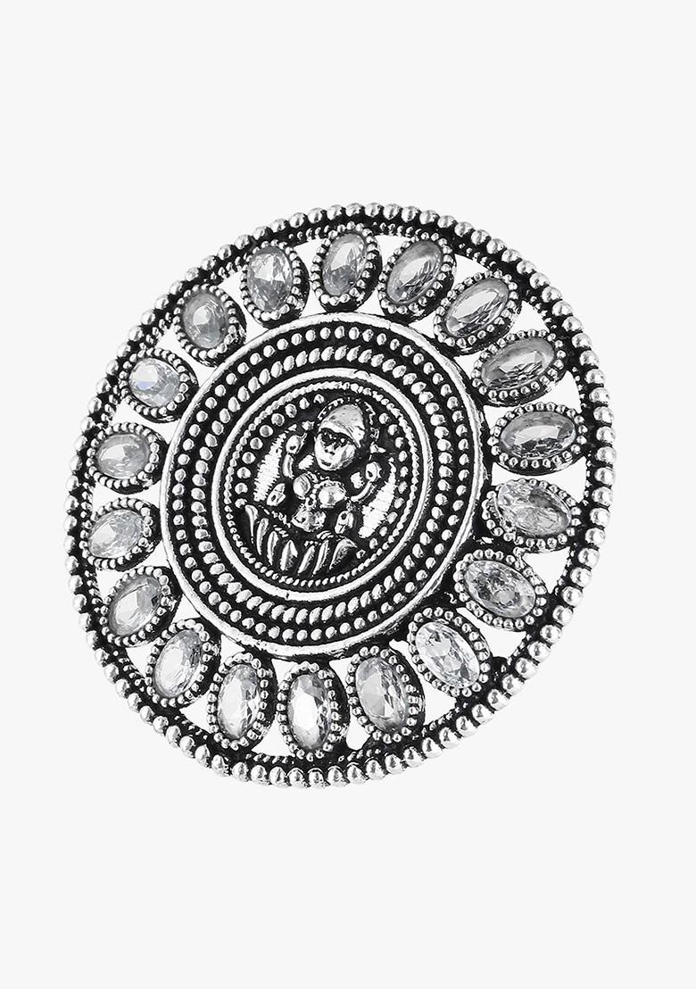 Silver Stone Studded And Beaded Silver Plated  Ring