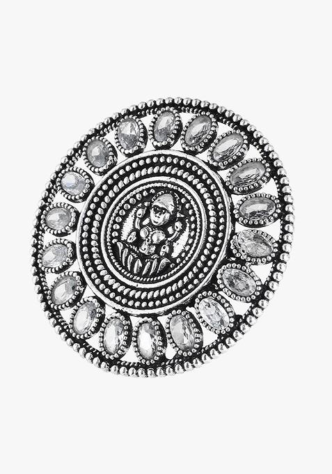 Silver Stone Studded And Beaded Silver Plated  Ring