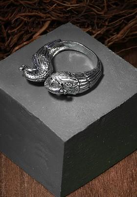 Silver Stone Studded And Beaded Silver Plated  Ring