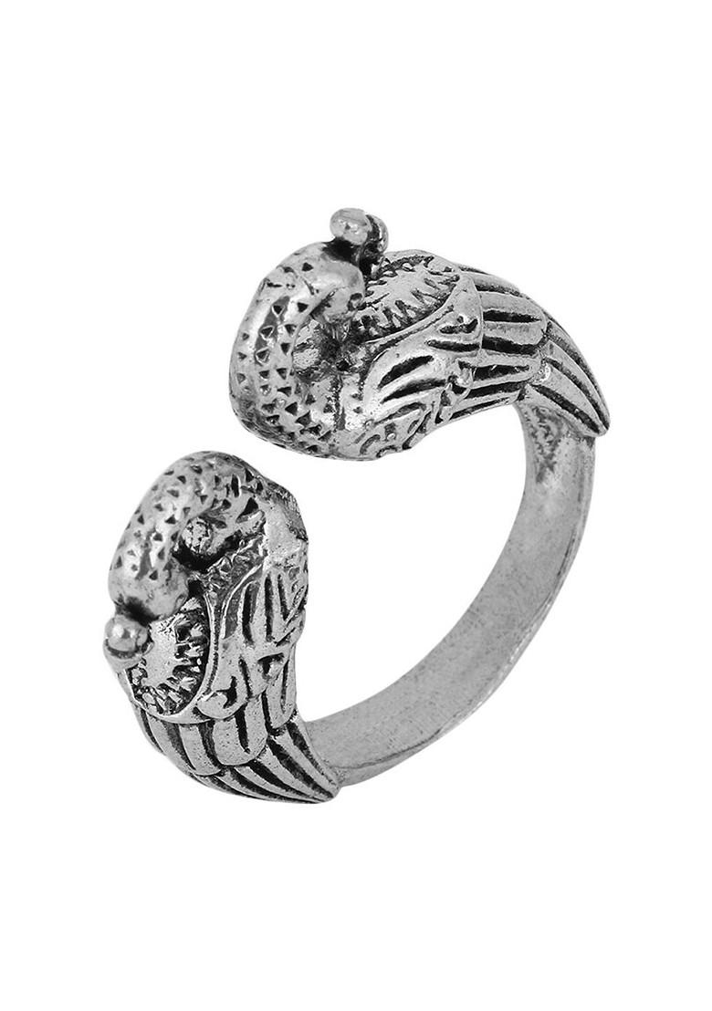 Silver Stone Studded And Beaded Silver Plated  Ring