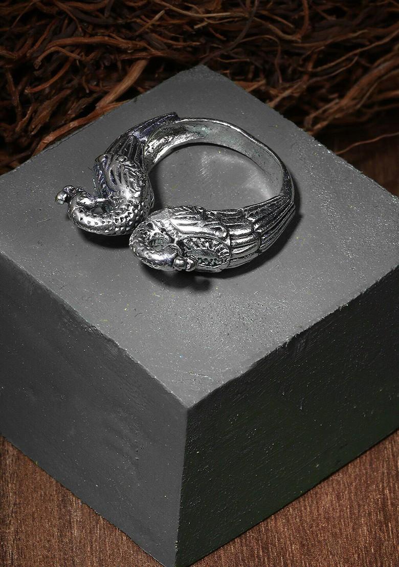 Silver Stone Studded And Beaded Silver Plated  Ring