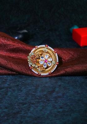 Gold Stone Studded And Beaded Gold Plated Ring