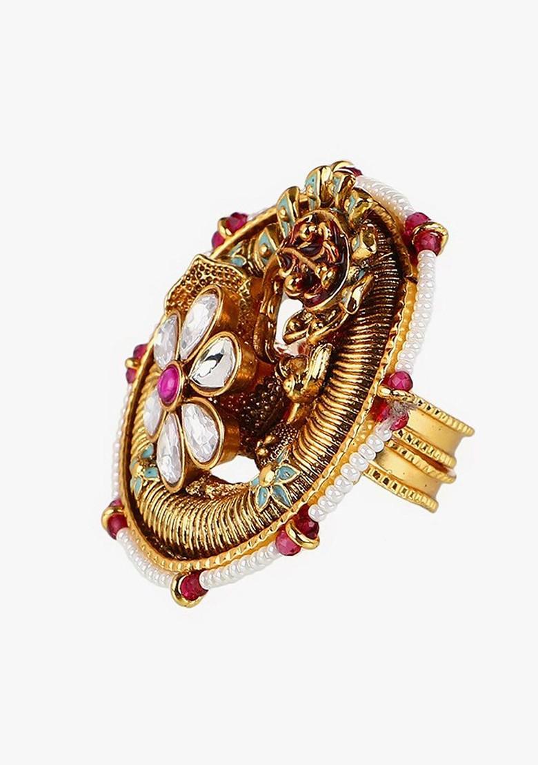 Gold Stone Studded And Beaded Gold Plated Ring