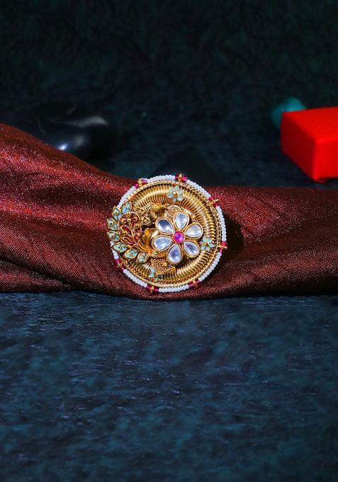 Gold Stone Studded And Beaded Gold Plated Ring