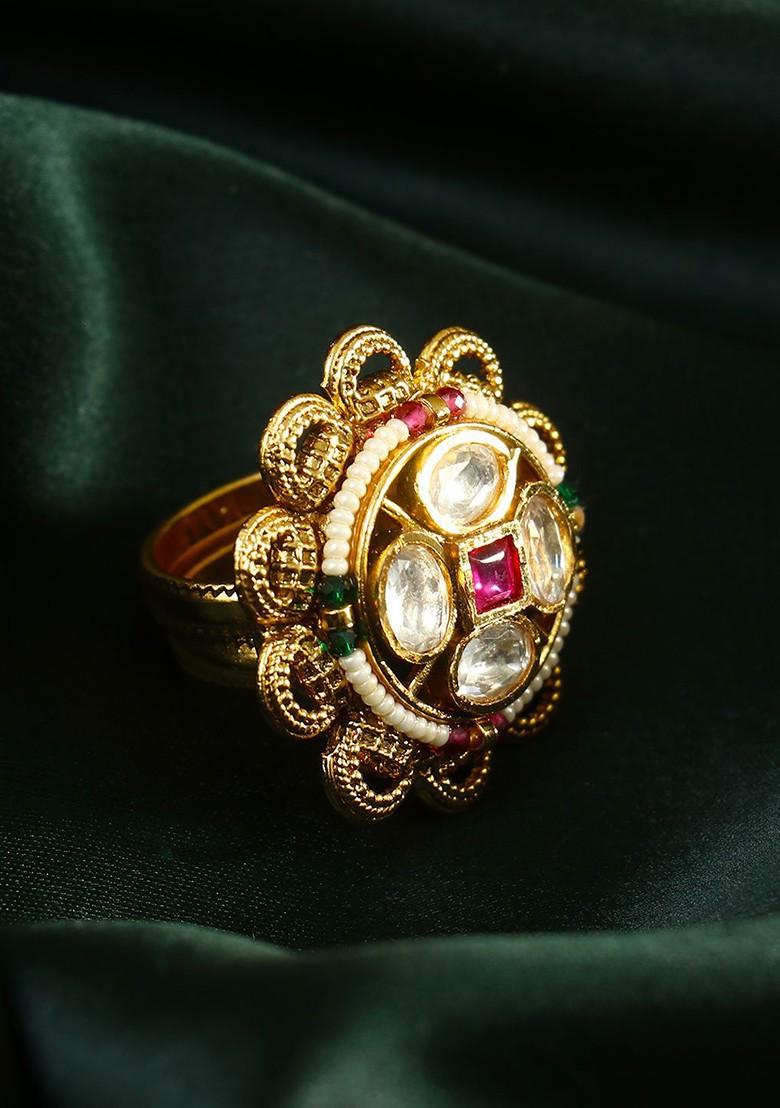 Gold Studded  And Beaded  Gold Plated Ring