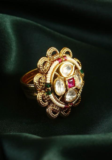 Gold Studded  And Beaded  Gold Plated Ring