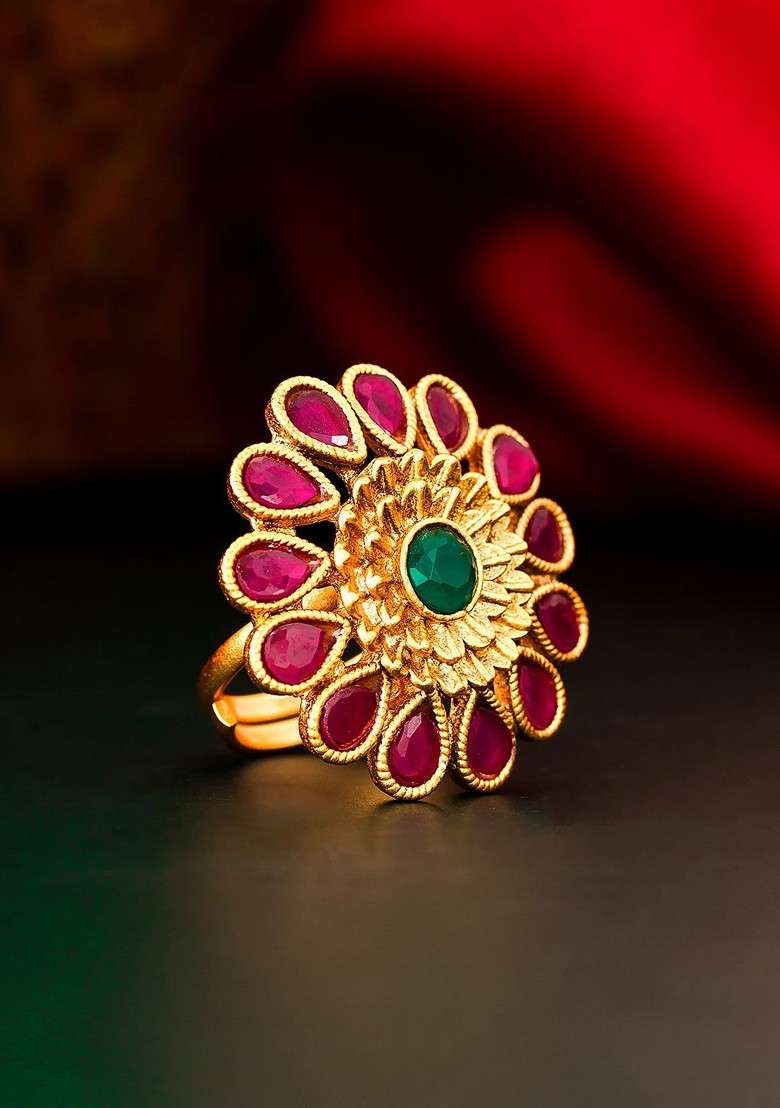 Gold Plated Pink And Green Ad Studded Finger Ring - Indya